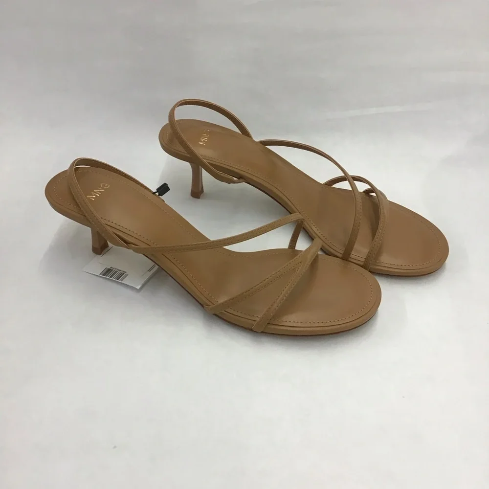 New MNG womens open toe tan kitten heals size 6.5 US with stretchy heal strap